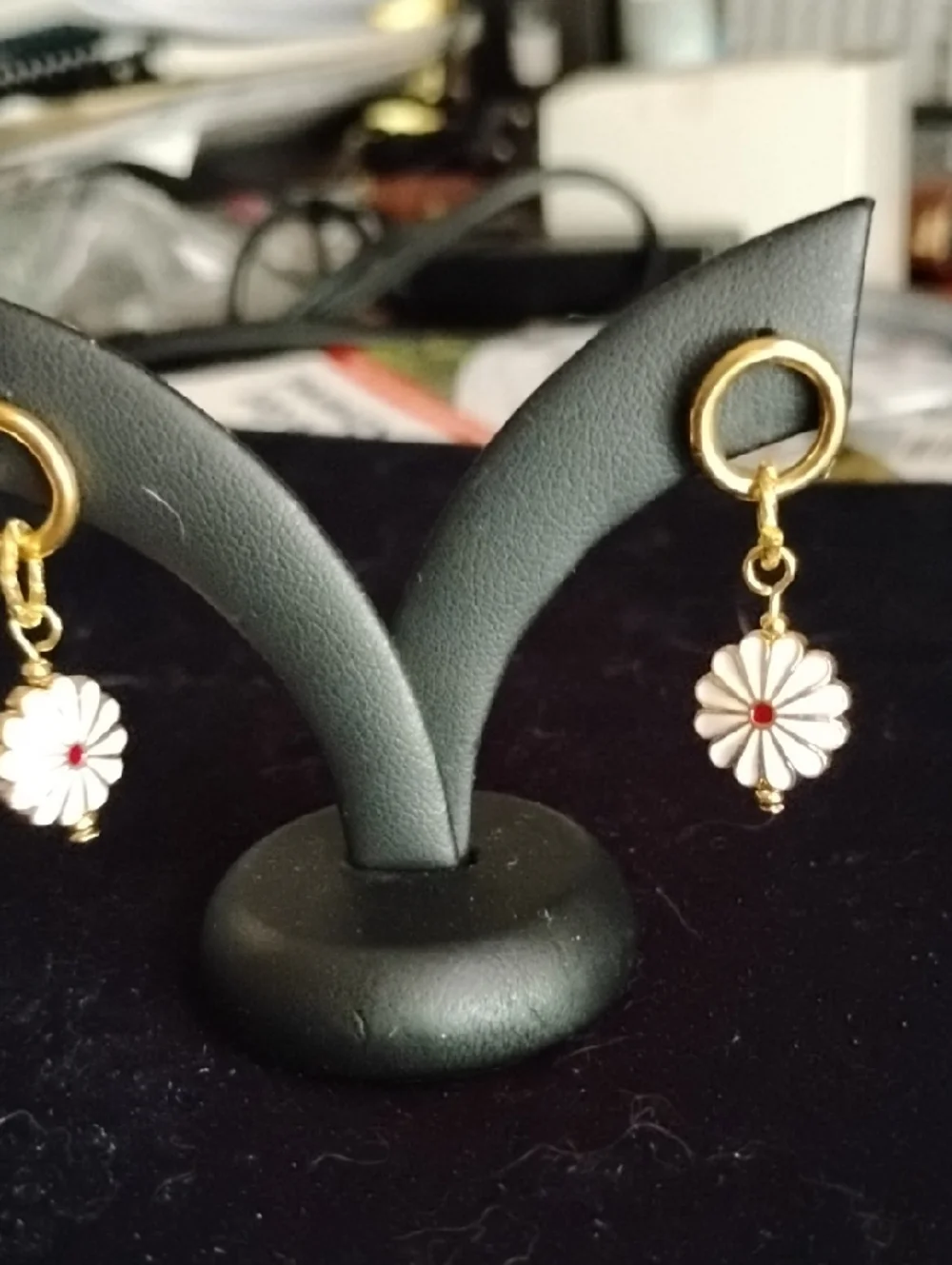 Hand Crafted Gold and White Daisy Drop Earrings with Red Center - Picture 6 of 7